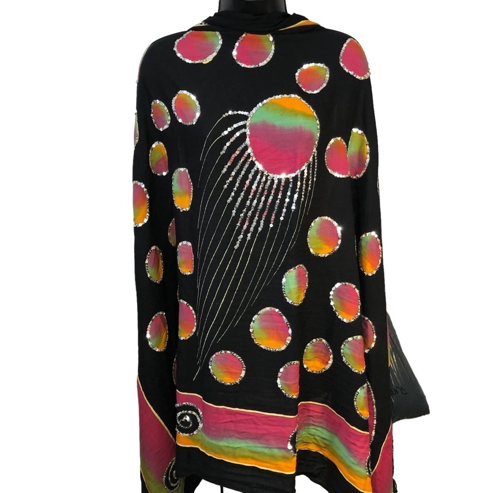 Celestial Design Tie Dye Sequined Scarf Wrap with Tassels Pink Orange Gr…